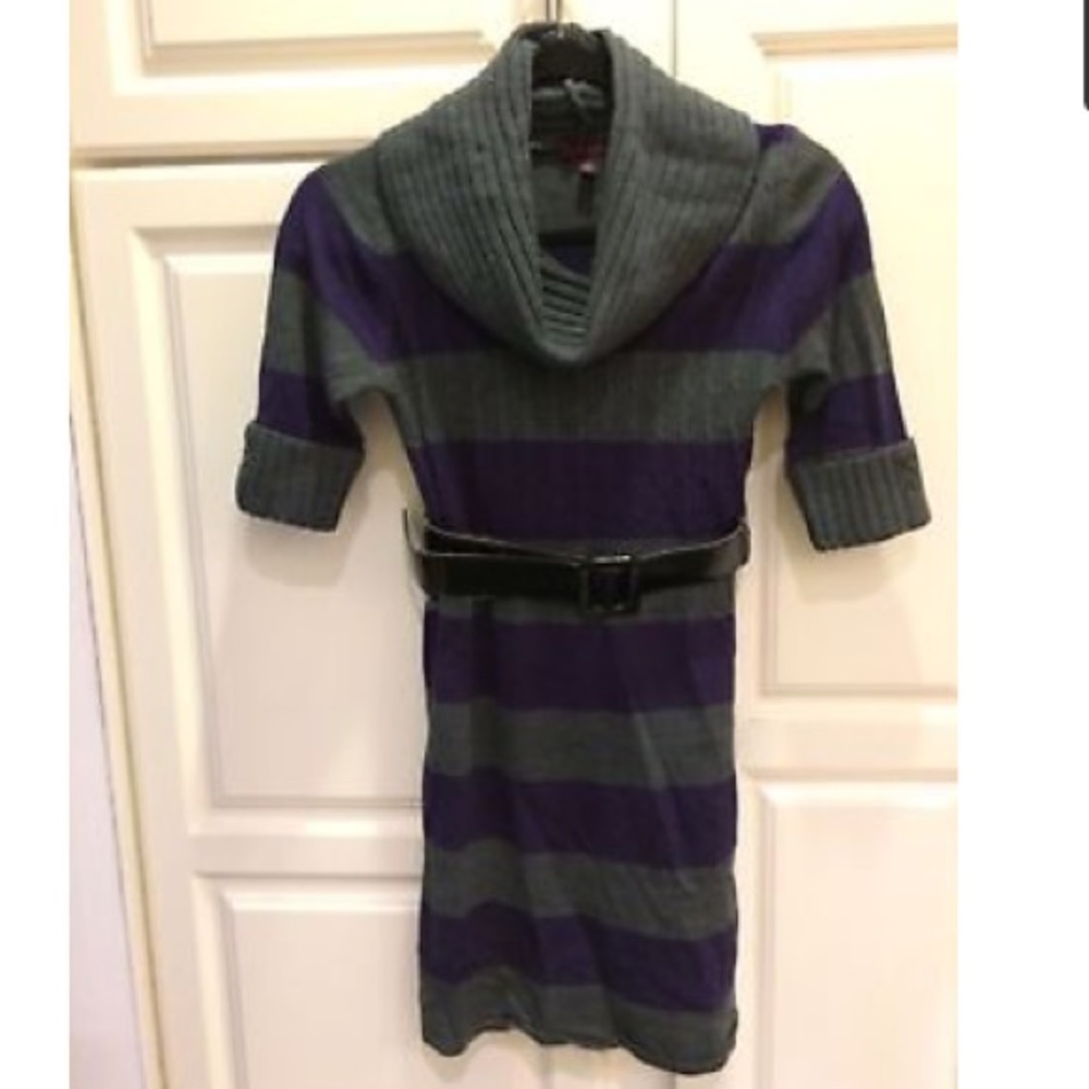 TAKEOUT Striped 3/4 Sleeve Sweater Dress Cowl Neck